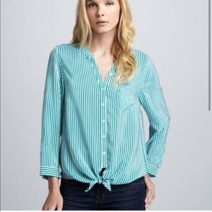 Joie Edaline Silk Tie Front Blouse in Green Stripe Size L